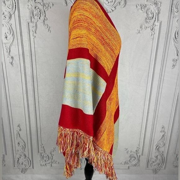 Colorful Striped Women's Poncho Fringe Sweater Layering Cardigan - Picture 7 of 9